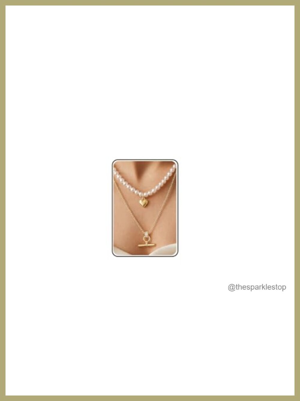 Layered T-Bar Pearl Necklace Set with Heart Pendant, 16K Gold Plated, Non